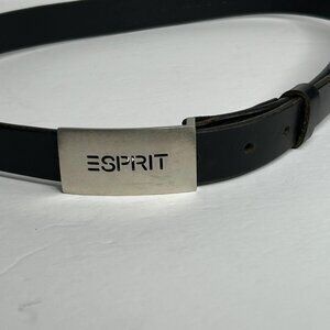 Esprit Belt Mens Small Black Genuine Leather Logo Buckle Metal Vintage Y2K
